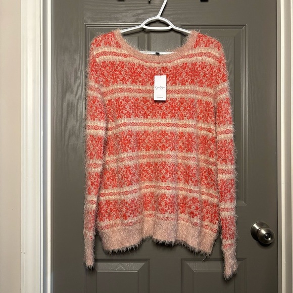 Jessica Simpson New Very Fuzzy Sweater Tunic M Deep Coral Ivory Plush - Picture 8 of 11